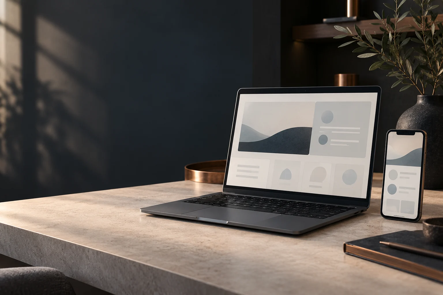 Portátil y teléfono sin marca sobre una mesa. Imagen conceptual de trabajo digital.