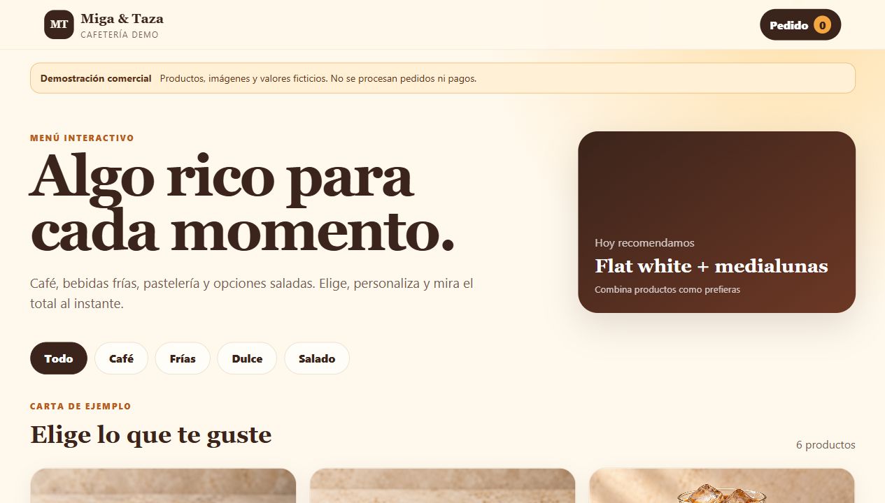 Menú de demostración Miga & Taza con categorías de café, bebidas, pastelería y salados.